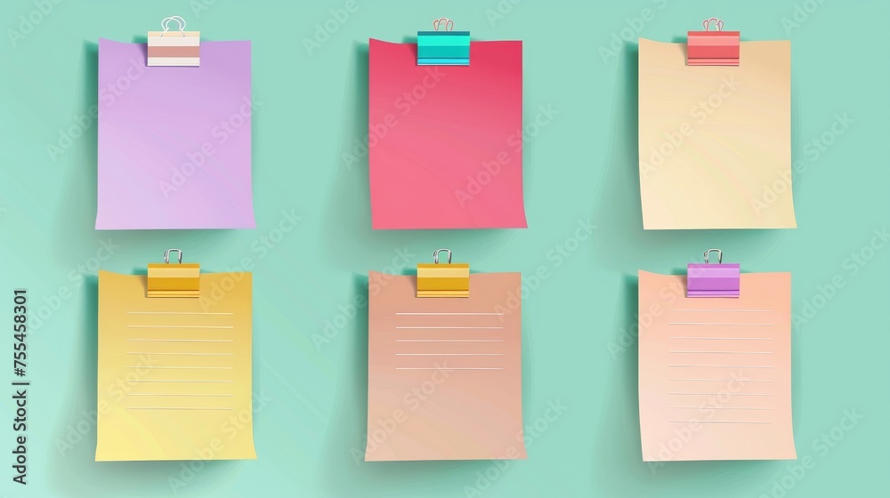 Blank notepad pieces attached to board or wall with a reminder message, to-do list, schedule sheet, isolated on white background. Modern realistic illustration.