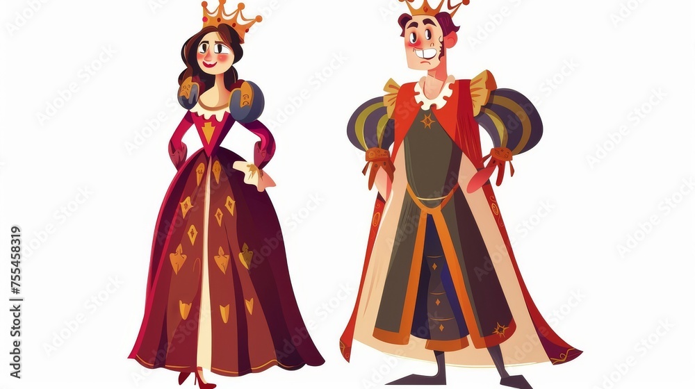 Cartoon character set of medieval people. Queen or princess in long dress with a crown and a smiling male jester in clown costume as shown in ancient history or fairy tale.