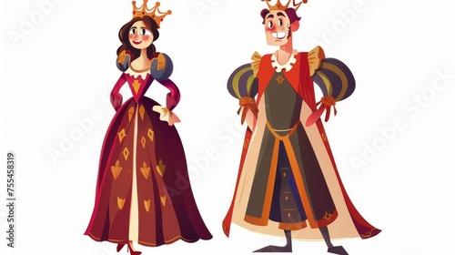 Cartoon character set of medieval people. Queen or princess in long dress with a crown and a smiling male jester in clown costume as shown in ancient history or fairy tale. © Mark