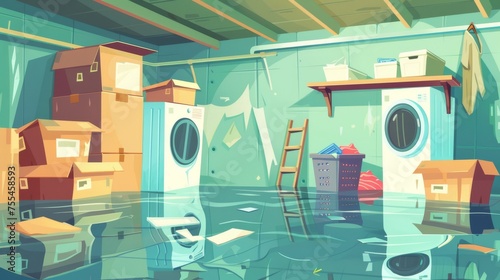 Basement room with flooded laundry equipment, boxes, hamper with clothes. Cartoon modern illustration of the interior of the storehouse with leaking water and a washer and dryer. photo