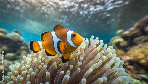 Clown fish swimming in clear sea water. Underwater reef. Corals in the ocean. Natural background.