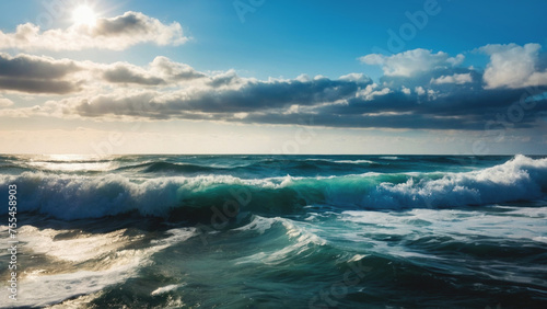 Beautiful landscape of the ocean and beautiful waves in sunny weather. © fydorov