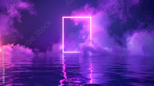 An illustration of neon color gate reflection on liquid surface, sparkling particles smoke in the night sky, and a music party design background with purple rectangle frames on dark water