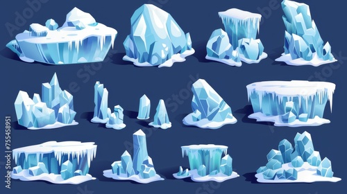 The ice floes are isolated on a dark background. Modern illustration of abstract shapes frozen icebergs for design in the winter landscape, north pole games, arctic islands, and arctic habitats. photo