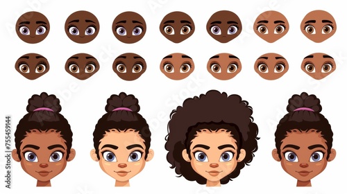 An African girl face construction kit with various shapes and positions of the eye, lips, eyebrows, and hairstyle for creating a female kid avatar with different emotions. A cartoon set of child