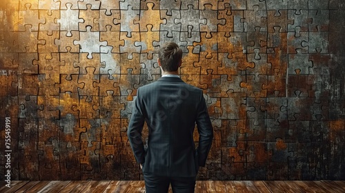 Back side view, businessman watches big puzzle on wall, one piece off, stock photo, Ai Generated.