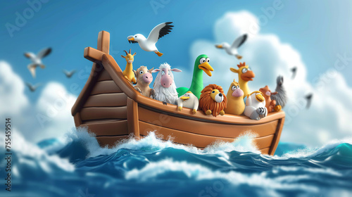 Noah's ark with animals during the floor, colorful cute childish cartoon 3d illustration of the Biblical flood story
