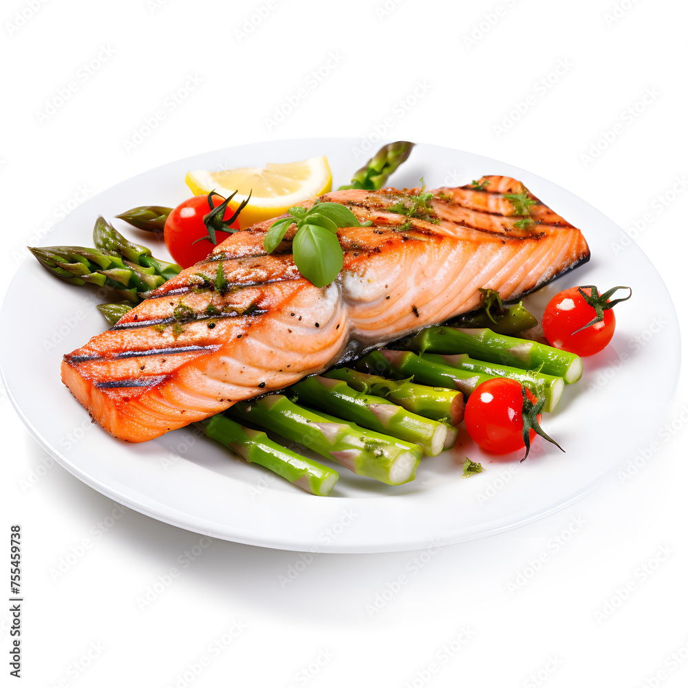 Grilled salmon with lime, asparagus and cherry tomatoes on white plate isolated on white Grilled salmon with lime, asparagus and cherry tomatoes on white plate isolated on white