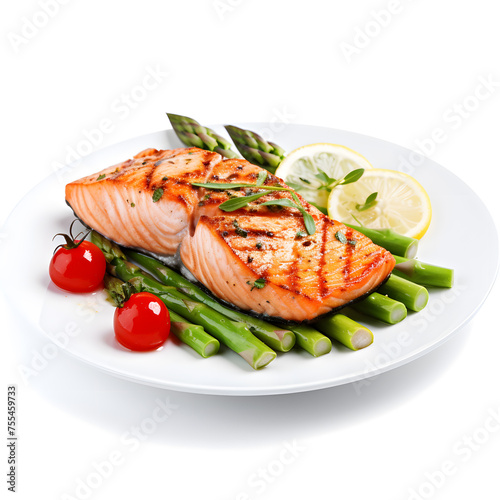 Grilled salmon with lime, asparagus and cherry tomatoes on white plate isolated on white