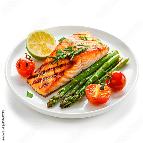 Grilled salmon with lime, asparagus and cherry tomatoes on white plate, top view isolated on white