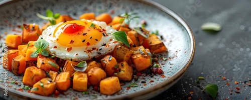 A minimalist cafe offering sweet potato hash on a plate. Concept Cafe Imagery, Food Photography, Minimalist Presentation, Vibrant Sweet Potato Hash, Culinary Creativity