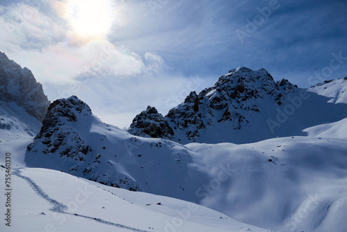 Landscape in Trans-Ili Alatau on a winter day. 
Trans-Ili Alatau is a part of the Northern Tian Shan mountain system. Kazakhstan.  Almaty.
