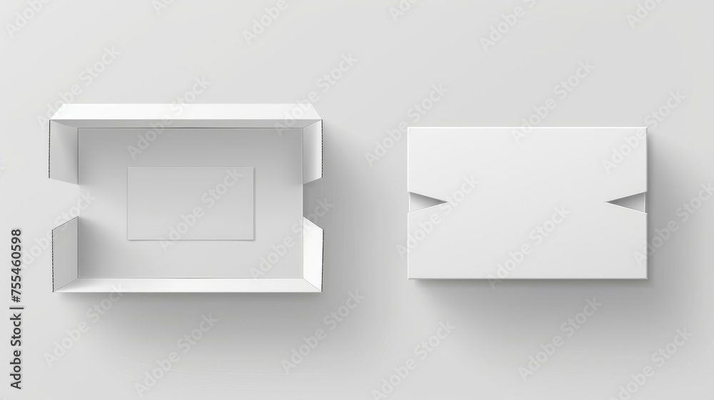 Top angle view of white cardboard box mockup with lid. Set of realistic modern illustrations of blank cartons for delivery or gifts. - obrazy, fototapety, plakaty 
