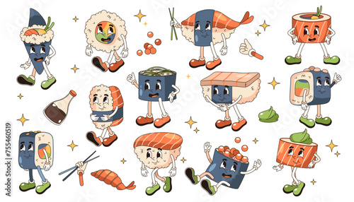 Set of sushi comic characters with face. Vector pop art symbol for japanese or asian food. Japan fish dish with rice roll and salmon, sashimi. Maki and nigiri, temaki and sake traditional sea cuisine