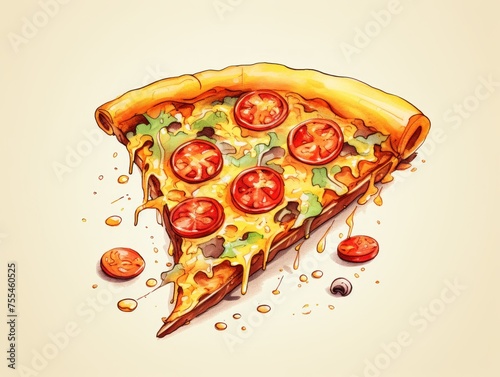 An illustration of a delicious slice of pizza topped with juicy tomatoes on a white background