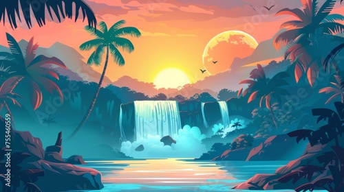 Tropical waterfall landscape illustration with palm trees on the hill and orange and pink sunlight on the horizon. Modern cartoon illustration of a river flowing over a mountain stone cascade.