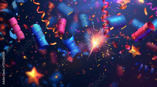 Graphic illustration of party firecracker confetti. Birthday or carnival firework or popper paper serpentine, star and congratulation elements for design. Winner and holiday celebration cracker photo