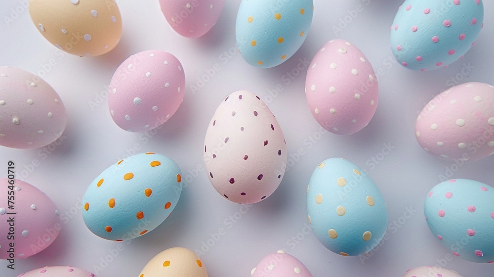 Easter eggs in pastel hues floating on a white background