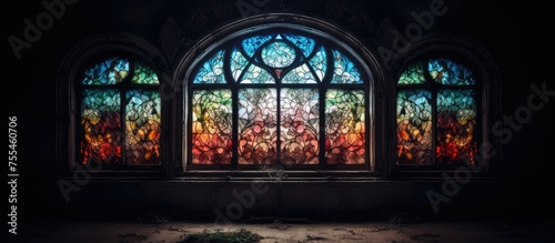 A vintage stained glass window is illuminated in a dark room  casting colorful patterns and shadows. The room appears abandoned  with a sense of decay evident in the surroundings.