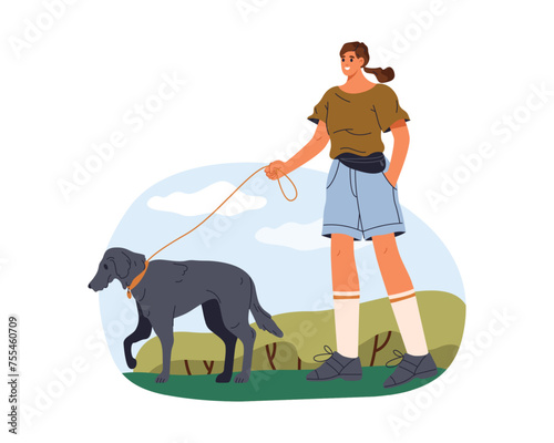 Woman walking with dog outdoor. Vector illustration of pet and owner stroll. Outside walk with doggy on leash. Walker with domestic canine animal. Active lifestyle with puppy. Cartoon clipart