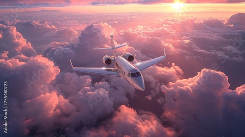 Elegant flight of a private jet cruising above fluffy clouds at dusk
