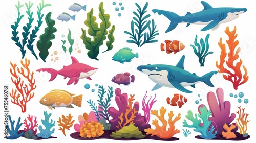 Illustration of fish  seaweeds  and coral reefs isolated on a white background. Modern cartoon illustration of seabed design elements  colorful aquatic plants  and hammerhead shark.