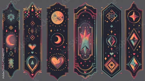 With vintage gothic font and retro wave aesthetic posters, heart, moon, star, diamond signs and text on gray background, this retro style banner set features nostalgic elements. photo