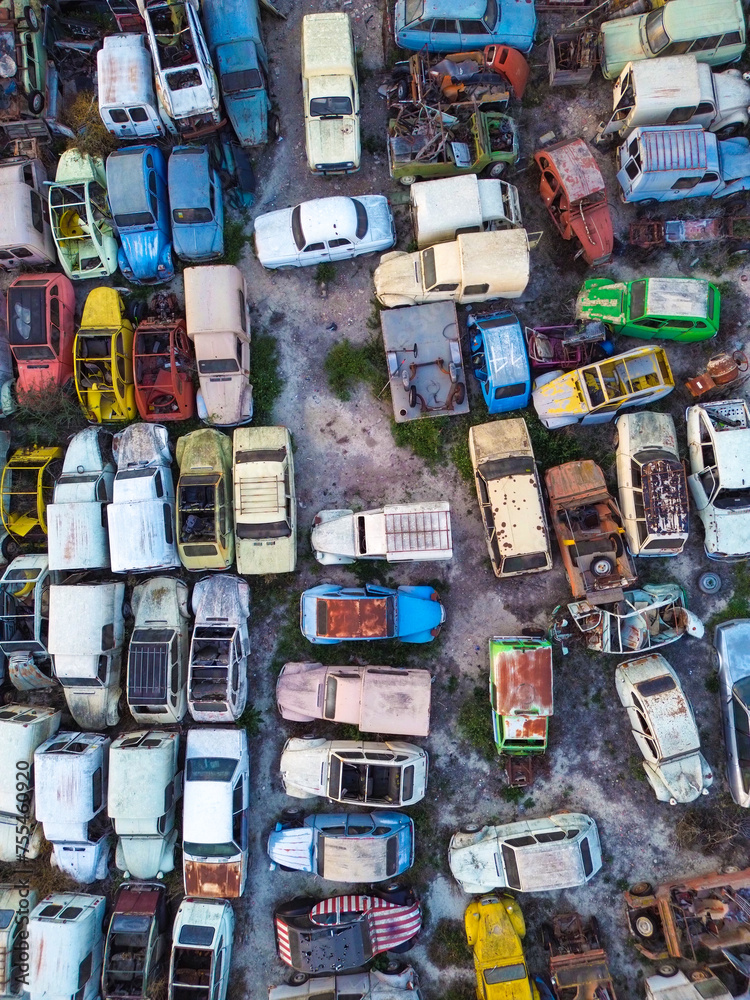 Aerial view of cars in junkyard Aerial view of cars in junkyard