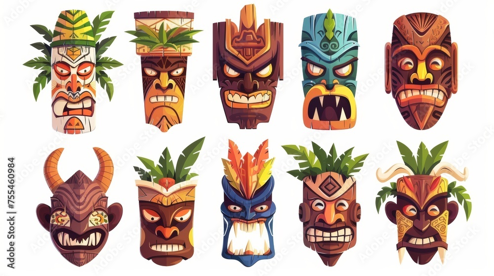 Various tiki masks isolated on white background. Modern cartoon illustration of tribal wooden totems, traditional Hawaiian or Polynesian attributes, scary faces decorated with leaves.