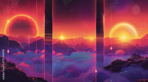 Retro futuristic vibe banners set with orange and purple colors, text borders, statistics data chart frames, and retrowave collages.