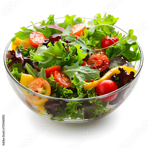 Salad with fresh vegetables and mix with rucola, frisée, radicchio and lamb's lettuce in bowl isolated on white background