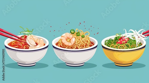 Isolated instant noodle boxes on a blue background. Modern cartoon illustration of a traditional Asian fast food bowl with freshly cooked hot ramen, spicy shrimps and onions, restaurant menu