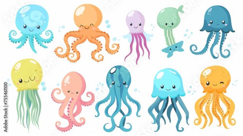 Set of cartoon animals with tentacles. Tropical marine inhabitants with funny faces plus octopus and jellyfish characters.