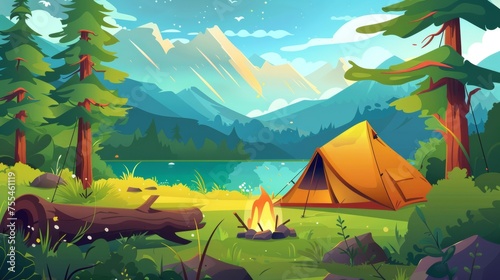 During outdoor adventure, camping with tent and fire in forest near mountain foot. Cartoon modern summer landscape with table under campfire, bowler under tent and backpack near shelter.