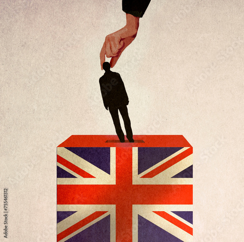 Oversized hand putting silhouette of man inside ballot box