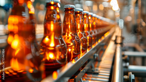 Brewery Bottling plant production line with brown beer bottles. Concept of the beverage industry. Shallow field of view.