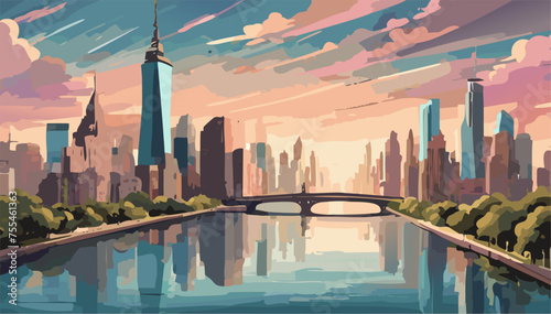 New York city skyline panorama at sunset