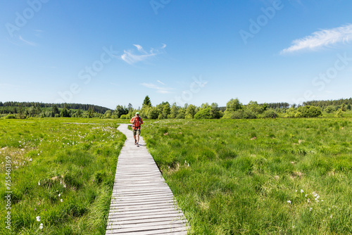 Senior man walking on boardwalk amidst green meadow photo