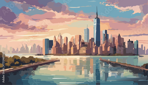 New York city skyline panorama at sunset