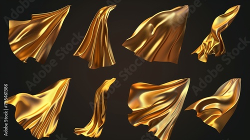 Golden cape cloak of superhero floating in the wind in different positions. Set of fabric mantles or silk scarves flying. Gold curtain blown by the wind. photo