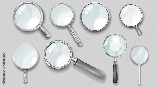 Magnify glass at different angles. Realistic modern set of metal loupes with plastic handles and transparent enlarger lenses for search and focusing applications. photo