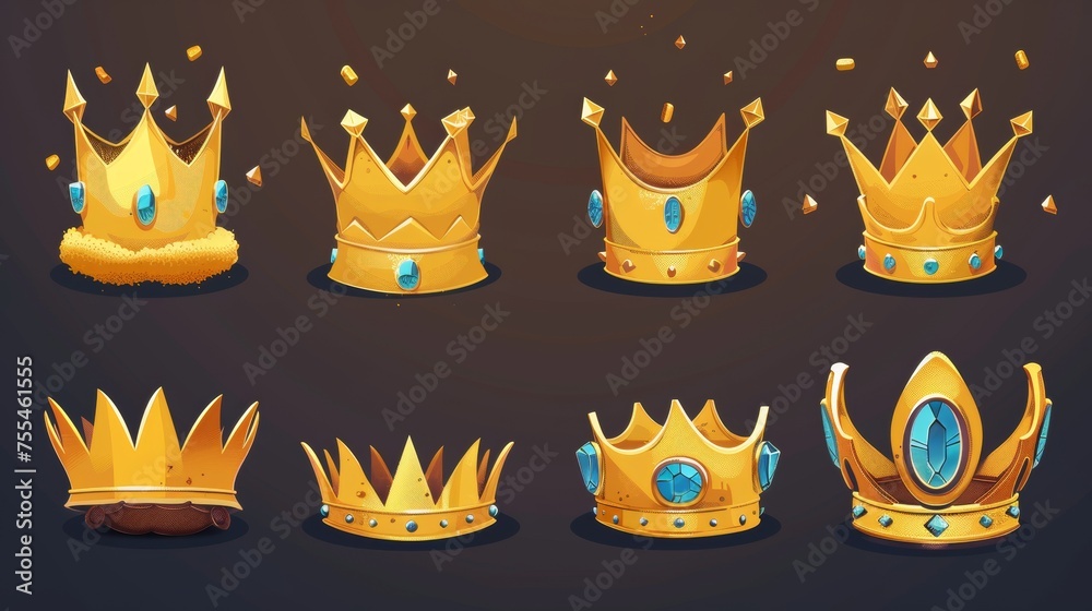 A set of cartoon modern illustrations of different states and progress steps of a golden crown - broken dirty, simple yellow, with a blue gemstone. A set of cartoon modern illustrations of different states and progress steps of a golden crown - broken dirty, simple yellow, with a blue gemstone.