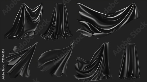 Windblown black curtain or drapery with wrinkles and a real black cape cloak floating in the air. Modern set of fabric costume mantels or silk scarves flying in the wind. photo