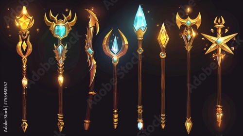 A set of magic tridents isolated on black background. Cartoon illustration of gold spear forks decorated with gemstones, a game rank asset, a poseidon power symbol, a nautical weapon, and stuff