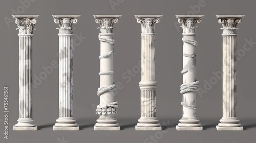 The ancient Roman column was made of white clay. Amazing 3D modern illustration of the greek stone pillars at the temple. Ancient marble colonnades for historical construction facade designs.
