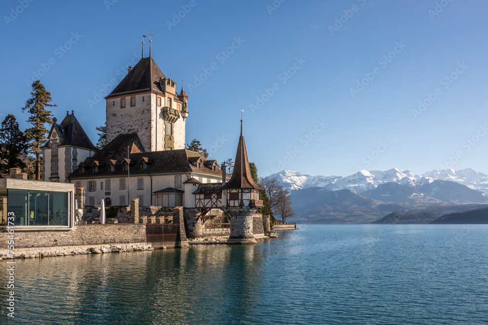 Switzerland, Bern Canton, Thun,OberhoffenCastle on shore of lake Thun Switzerland, Bern Canton, Thun,OberhoffenCastle on shore of lake Thun