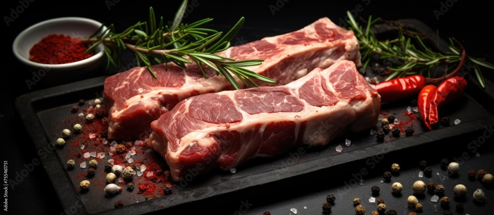 A couple of raw steaks are placed on top of a wooden cutting board. The steaks appear fresh and uncooked, ready to be seasoned and prepared for cooking.