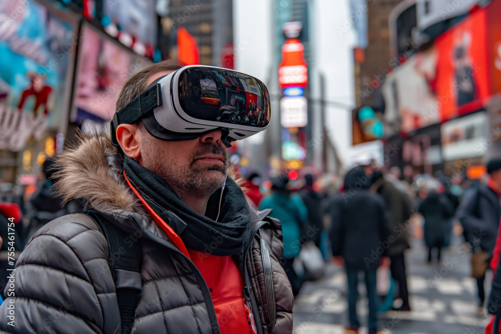 People using VR glasses spatial computer virtual reality goggles on the street of New York Times Square People using VR glasses spatial computer virtual reality goggles on the street of New York Times Square