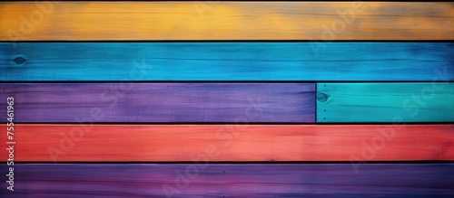 This close-up showcases a vibrant multicolored wooden wall, featuring rainbow-colored wood planks carefully arranged in a creative and unique design. The various colors, including red, green, blue