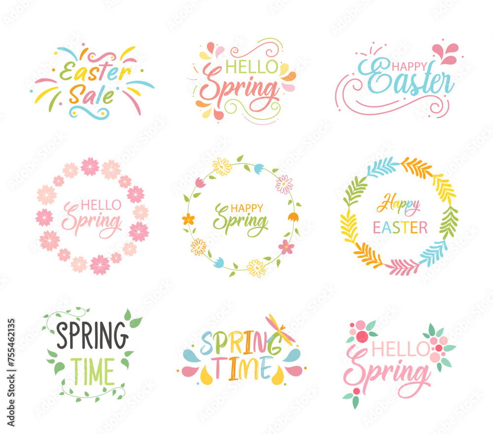 Hello Spring collection text banners. Handwriting Hello Spring and colorful flowers set lettering. Calligraphy postcards elements, flowers, leafs, spring concepts. Easter sale. Hand drawn vector art